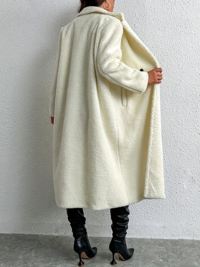 Solid Teddy Mid Length Coat, Elegant Long Sleeve Warm Outerwear, Women's Clothing