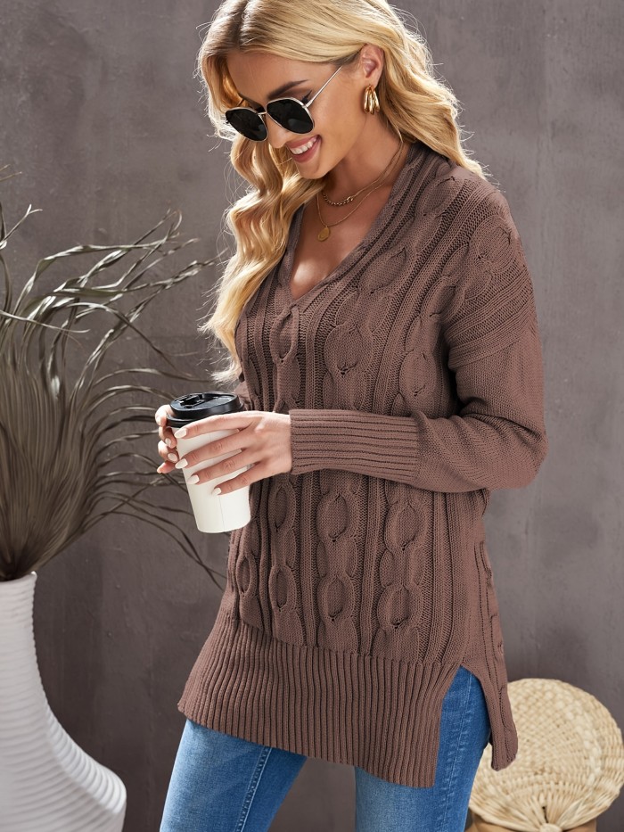 V Neck Loose Fit Sweater, Casual Oversized Long Sleeve Loose Fall Winter Knit Sweater, Women's Clothing