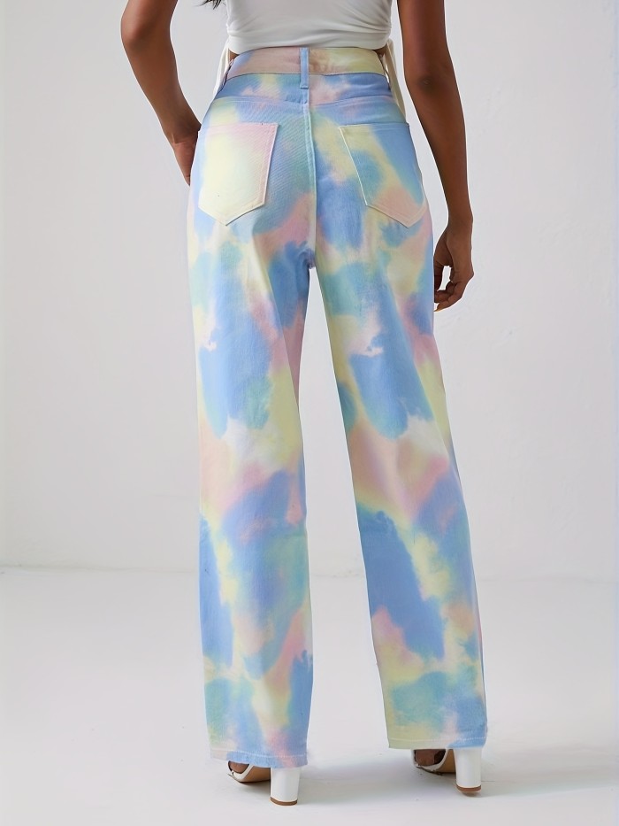 Tie Dye Multicolored Straight Jeans, Raw Cut Loose Fit Non-Stretch Chic Denim Pants, Women's Denim Jeans & Clothing