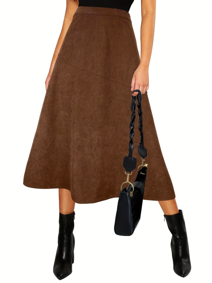 Solid High Waist Corduroy Skirt, Casual A Swing Midi Skirt For Spring & Fall, Women's Clothing