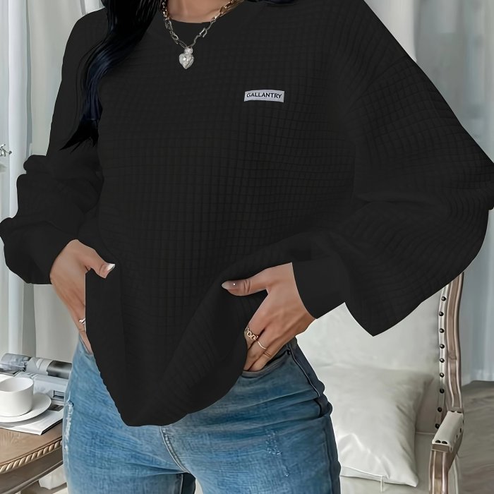 Waffle Loose Sweatshirt, Casual Long Sleeve Crew Neck Sweatshirt, Women's Clothing