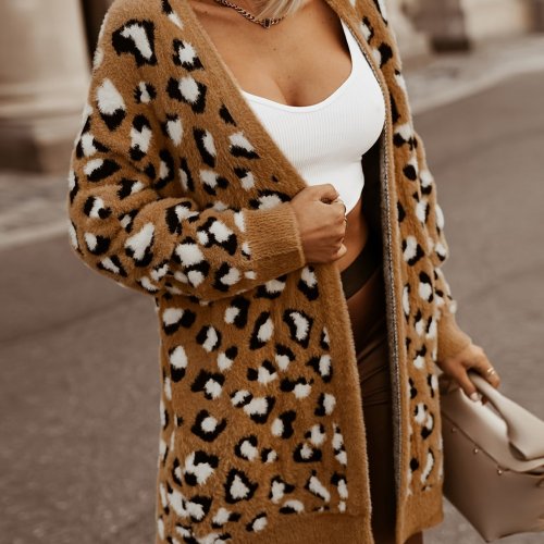 Leopard Pattern Open Front Knit Cardigan, Casual Long Sleeve Fleece Sweater Coat, Women's Clothing