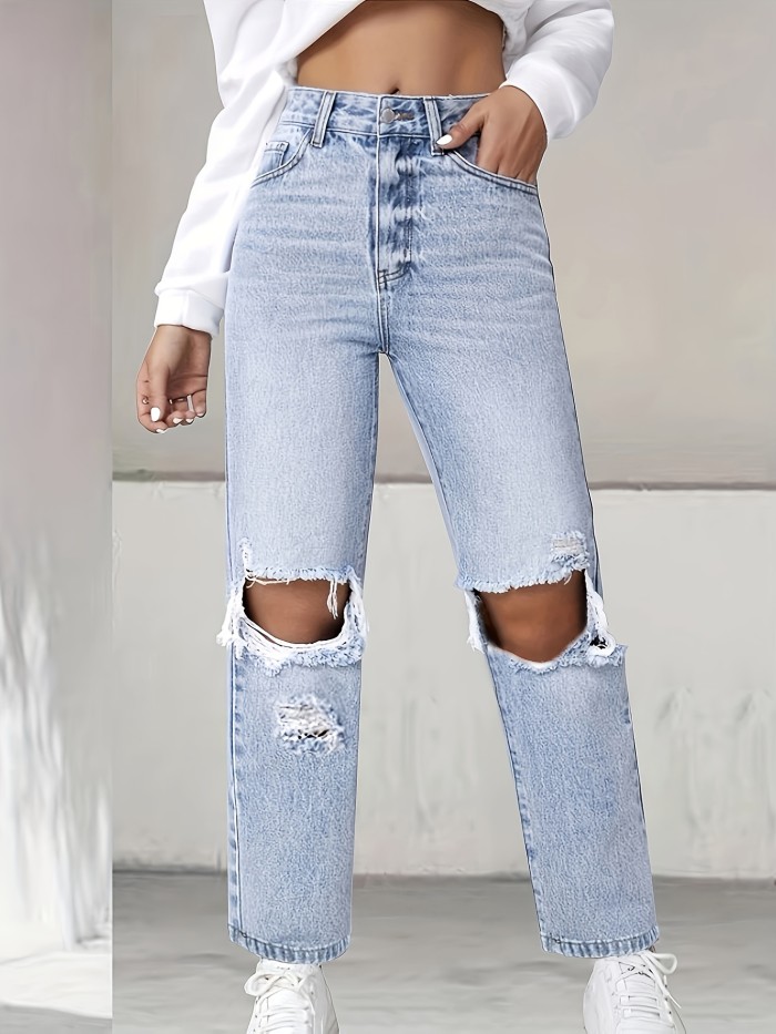 Light Blue Ripped Holes Straight Jeans, High Waist Loose Fit Distressed Slash Pockets Denim Pants, Women's Denim Jeans & Clothing