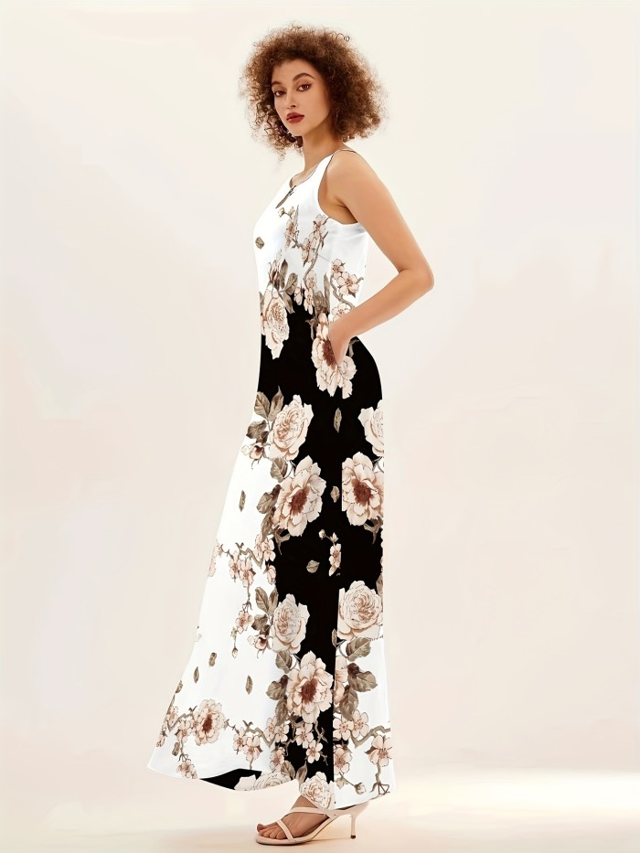 Floral Print Pocket Dress, Casual Pocket Waist Summer Swing Long Dresses, Women's Clothing