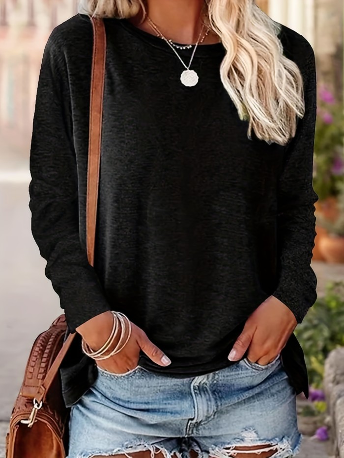 Solid Simple T-shirt, Casual Crew Neck Long Sleeve T-shirt For Spring & Fall, Women's Clothing