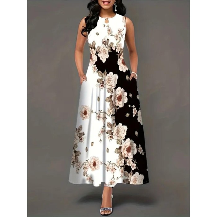 Floral Print Pocket Dress, Casual Pocket Waist Summer Swing Long Dresses, Women's Clothing