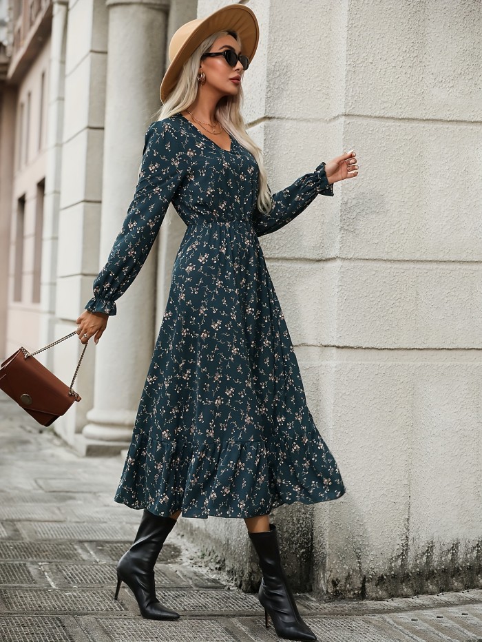 Floral Print Lantern Sleeve Dress, Casual V Neck Dress For Spring & Fall, Women's Clothing