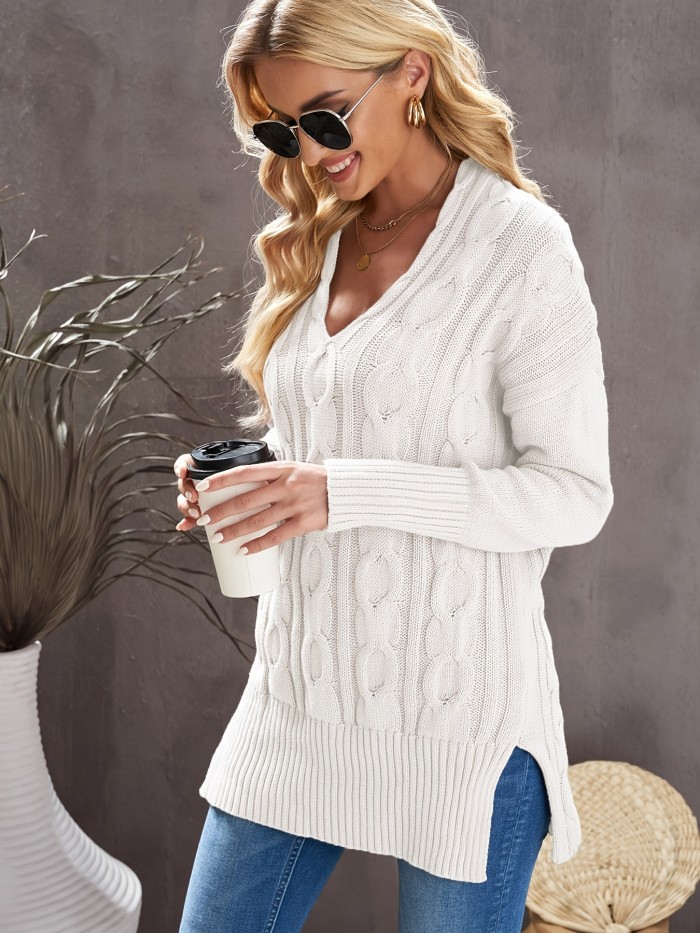 V Neck Loose Fit Sweater, Casual Oversized Long Sleeve Loose Fall Winter Knit Sweater, Women's Clothing