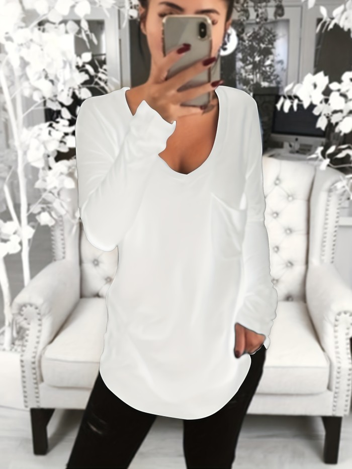 Solid Pocket V Neck T-Shirt, Casual Long Sleeve T-Shirt For Spring & Fall, Women's Clothing