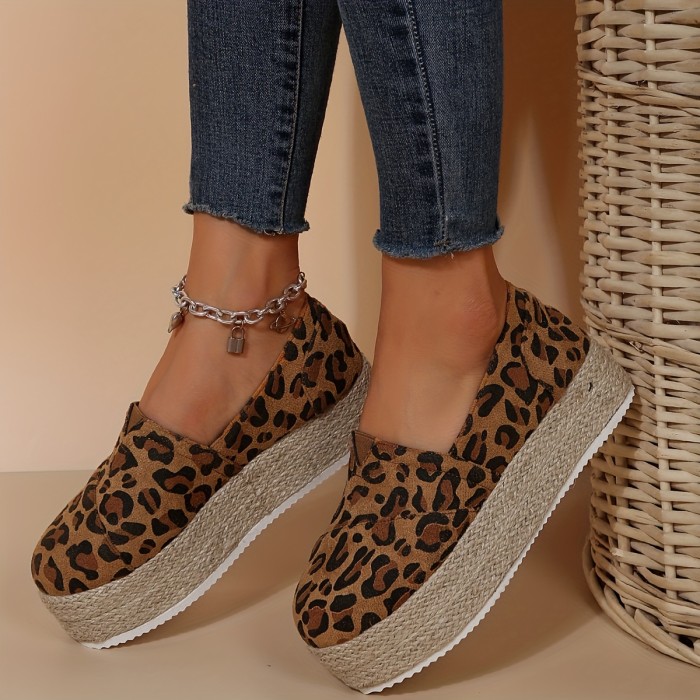 Women's Leopard Print Platform Loafers, Comfortable Round Toe Espadrille Shoes, Casual Slip On Shoes