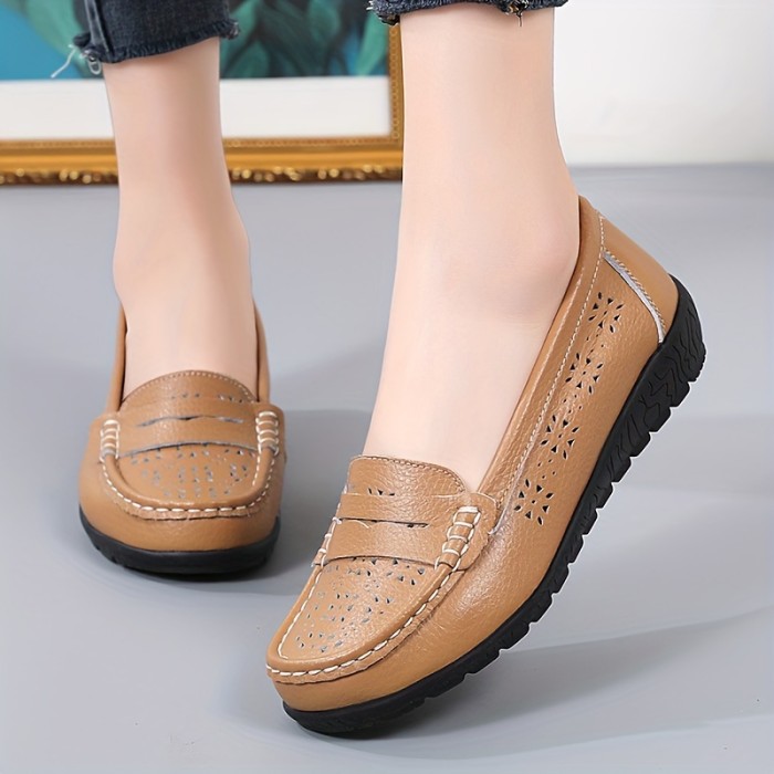 Women's Perforated Flat Loafers, Solid Color Low Top Slip On Shoes, Breathable & Comfortable Flats