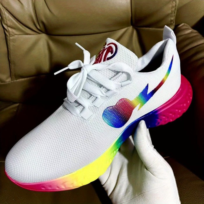 Women's Rainbow Sole Flying Woven Sneakers, Breathable Mesh Lace-Up Running Shoes, Women's Footwear