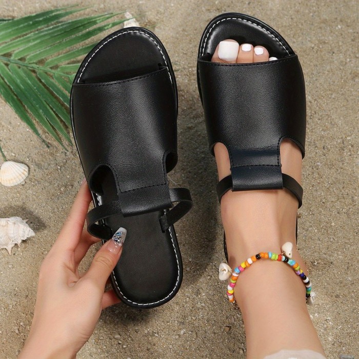 Women's Casual Flat Slippers, Black Open Round Toe Non Slip Slides Shoes, Outdoor Beach Slippers