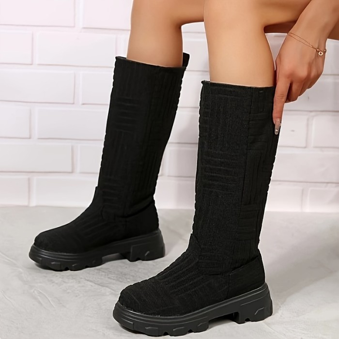 Women's Terry Cloth Long Boots, Comfortable Solid Color Round Toe Slip On Boots, Casual Platform Winter Boots