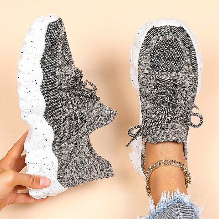 Women's Breathable Fabric Socks Sneakers, Flying Woven Lace-Up Chunky Sneakers, Elastic Running Shoes