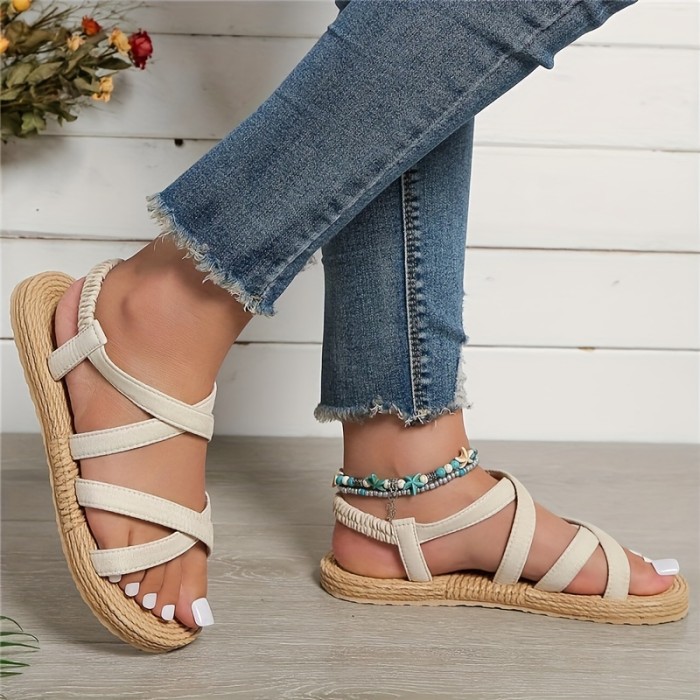 Women's Cross Strap Flat Sandals, Solid Color Open Toe Elastic Strap Slip On Shoes, Casual Beach Sandals