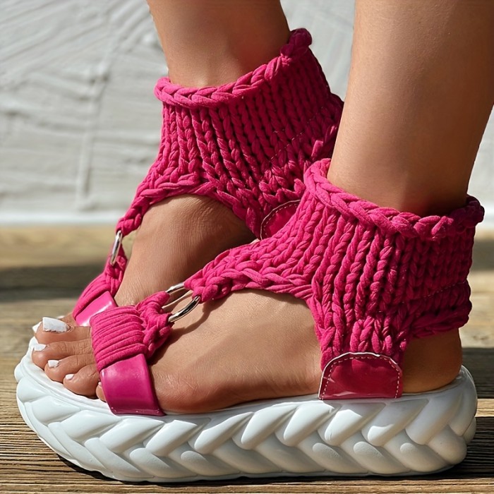 Women's Platform Crochet Sandals, Stylish Open Toe Slip On Slingback Shoes, Casual Outdoor Non Slip Sandals
