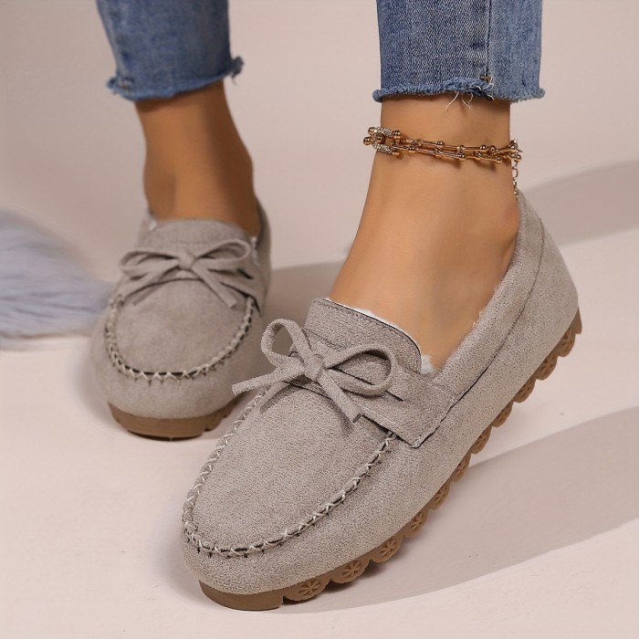 Women's Fashion Bowknot Decor Loafers, Casual Solid Color Plush Lined Slip On Flat Shoes, Warm & Comfortable Shoes