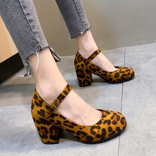Women's Leopard Print Pumps, Retro Buckle Strap Chunky High Heels, All-Match Evening Shoes