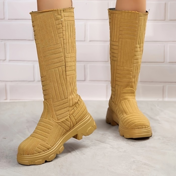 Women's Terry Cloth Long Boots, Comfortable Solid Color Round Toe Slip On Boots, Casual Platform Winter Boots