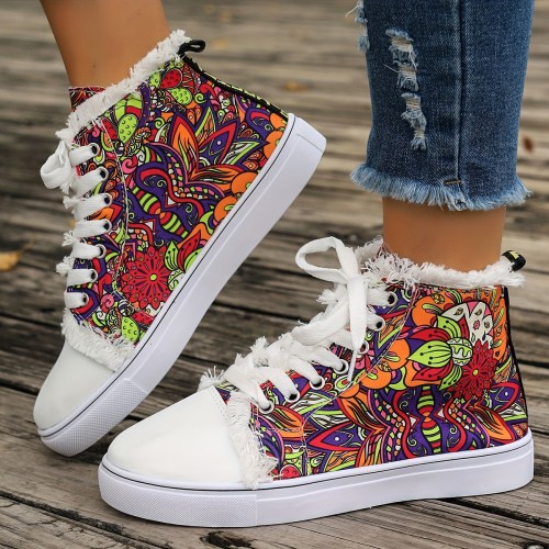 Women's Floral Print Canvas Shoes, Casual Lace Up High Top Outdoor Shoes, Women's Comfortable Sneakers