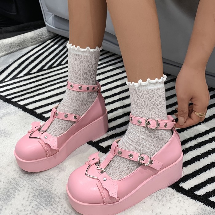 Women's Platform T-strap Shoes, Solid Color Heart Decor Shoes, Y2K Style Shoes, Anime Style Shoes