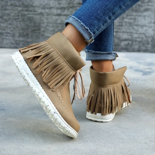 Women's Solid Color Trendy Boots, Lace Up Soft Sole Flat Tassel Decor Boots, Vacation Round Toe Boots