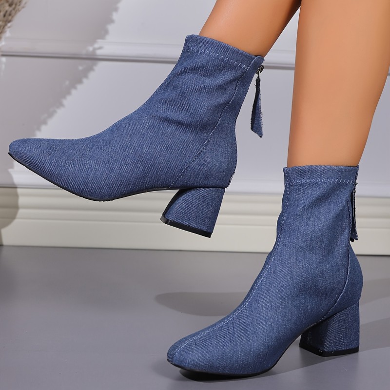 Women's Solid Color Chunky Heel Boots, Fashion Back Zipper Short Boots, Comfortable Ankle Boots