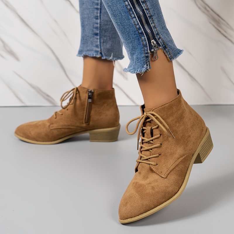Women's Chunky Heeled Ankle Boots, Solid Color Lace Up Side Zipper Boots, Casual All-Match Short Boots