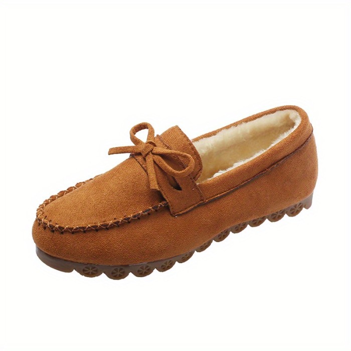 Women's Fashion Bowknot Decor Loafers, Casual Solid Color Plush Lined Slip On Flat Shoes, Warm & Comfortable Shoes