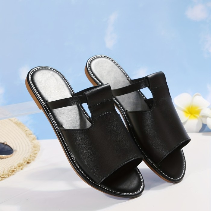 Women's Casual Flat Slippers, Black Open Round Toe Non Slip Slides Shoes, Outdoor Beach Slippers