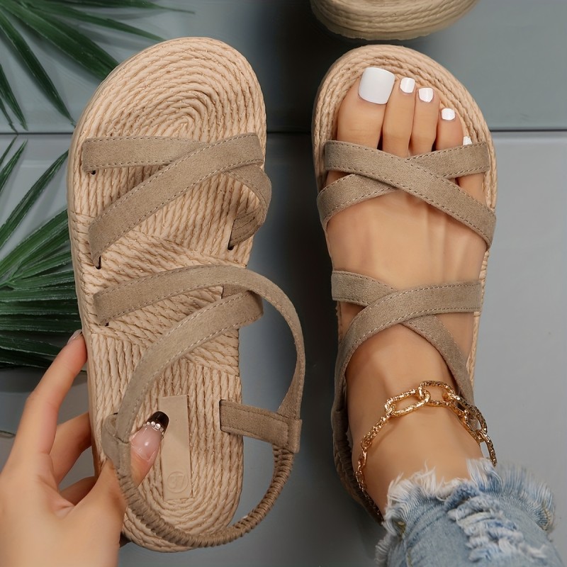 Women's Cross Strap Flat Sandals, Solid Color Open Toe Elastic Strap Slip On Shoes, Casual Beach Sandals