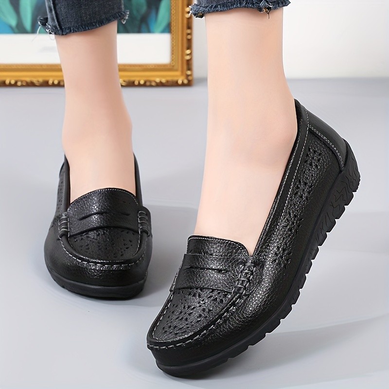 Women's Perforated Flat Loafers, Solid Color Low Top Slip On Shoes, Breathable & Comfortable Flats