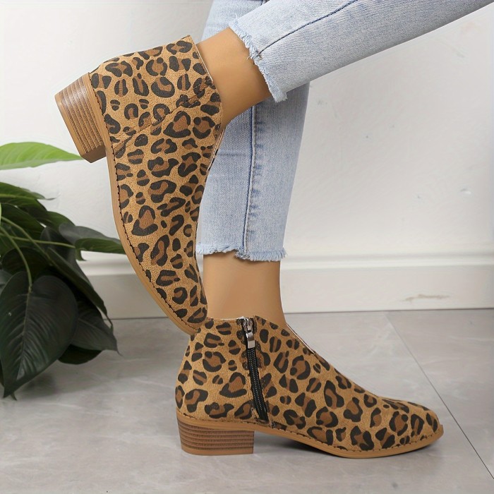 Women's Leopard Print Chunky Heel Boots, Fashion Point Toe Side Zipper Boots, Comfortable Ankle Boots