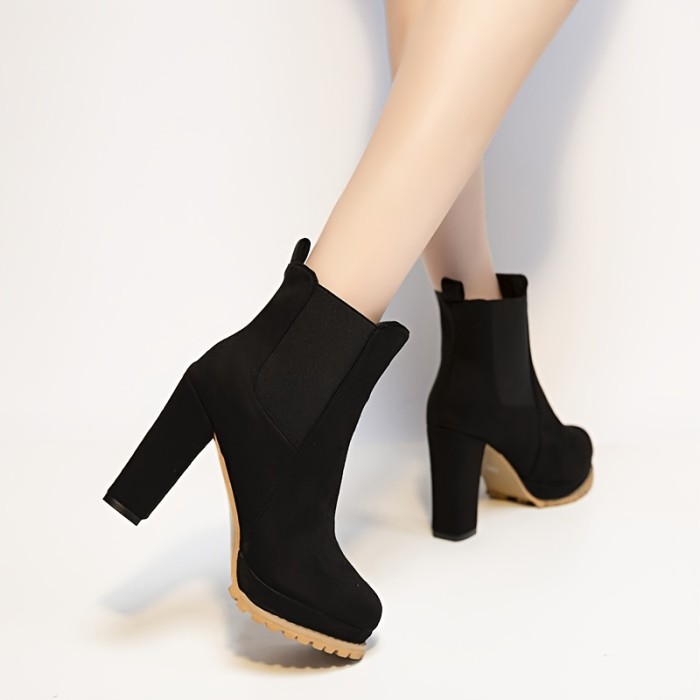 Women's Block Heeled Short Boots, Fashion Stretch Fabric Sided Boots, Comfortable Ankle Boots