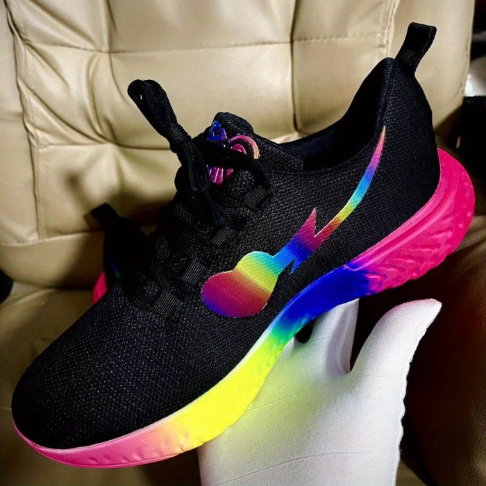 Women's Rainbow Sole Flying Woven Sneakers, Breathable Mesh Lace-Up Running Shoes, Women's Footwear