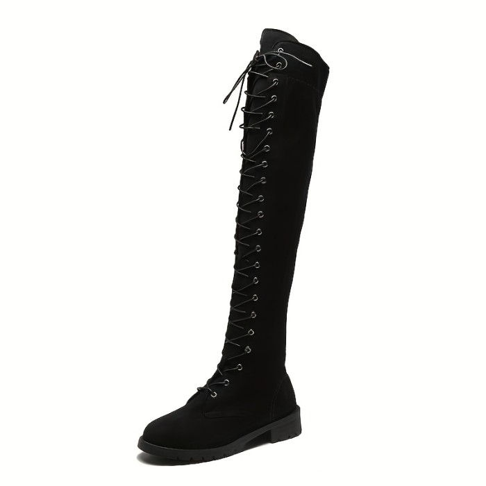 Women's Chunky Low Heel Over The Knee Boots, Solid Color Lace Up Shoes, Comfort Round Toe Shoes