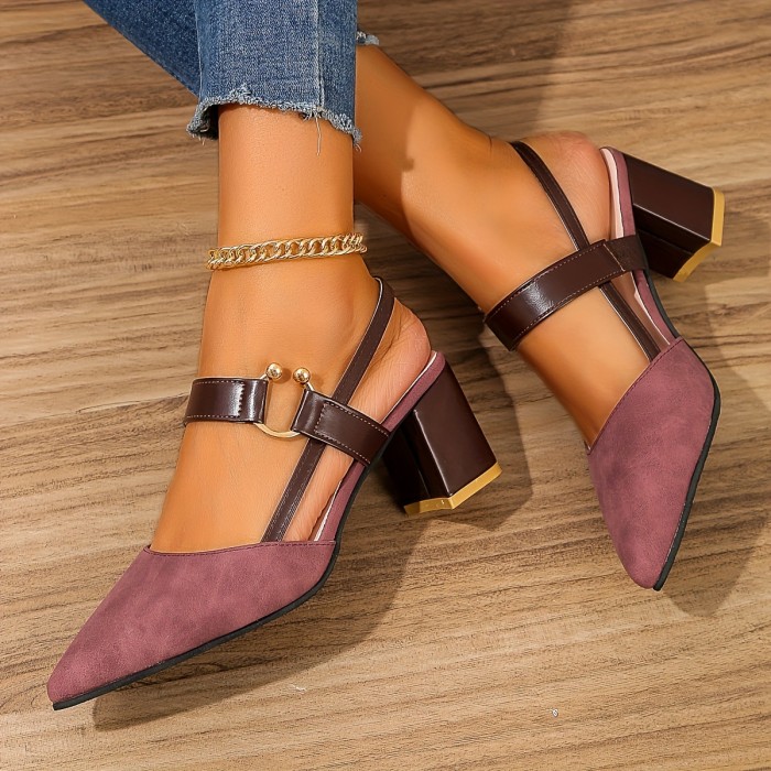 Women's Pointed Toe Block High Heel Sandals, Fashion Solid Color Slingback Shoes, Versatile Mid Heels