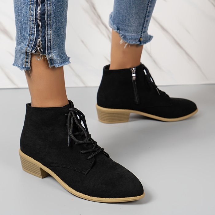 Women's Chunky Heeled Ankle Boots, Solid Color Lace Up Side Zipper Boots, Casual All-Match Short Boots