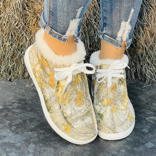 Women's Printed Canvas Shoes, Casual Lace Up Plush Lined Shoes, Comfortable Christmas Winter Shoes