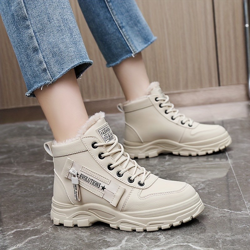 Women's Casual High Top Shoes, Winter Plush Lined Warm Shoes, Thick Soled Lace-up Sports Shoes