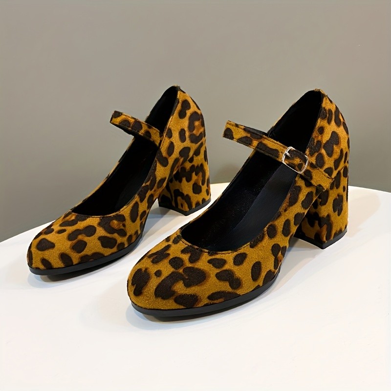 Women's Leopard Print Pumps, Retro Buckle Strap Chunky High Heels, All-Match Evening Shoes