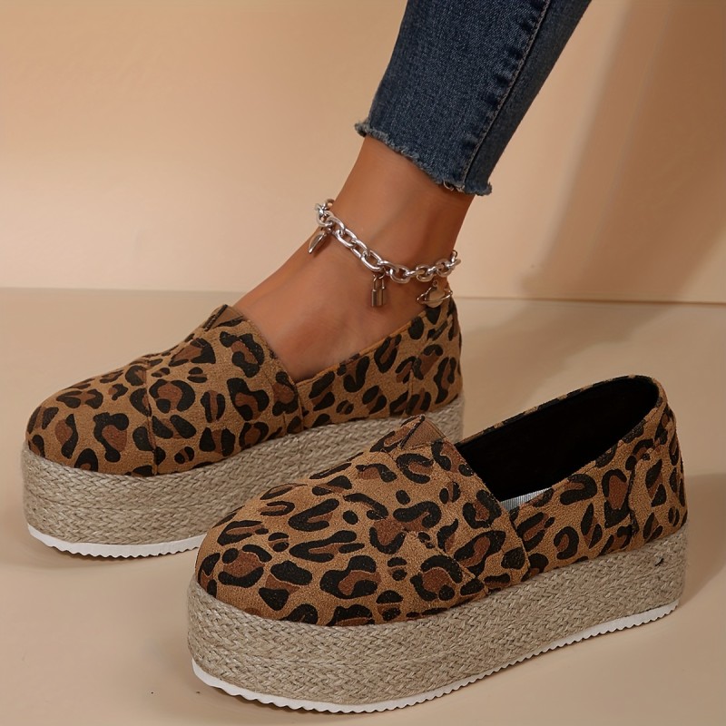 Women's Leopard Print Platform Loafers, Comfortable Round Toe Espadrille Shoes, Casual Slip On Shoes