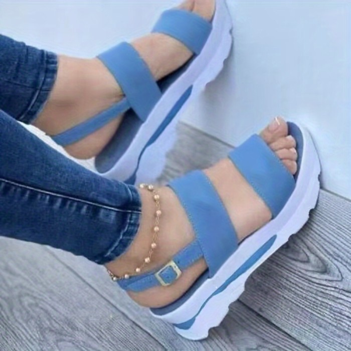 Women's Platform Open Toe Sandals, Solid Color Ankle Buckle Strap Non Slip Shoes, Casual Outdoor Sandals