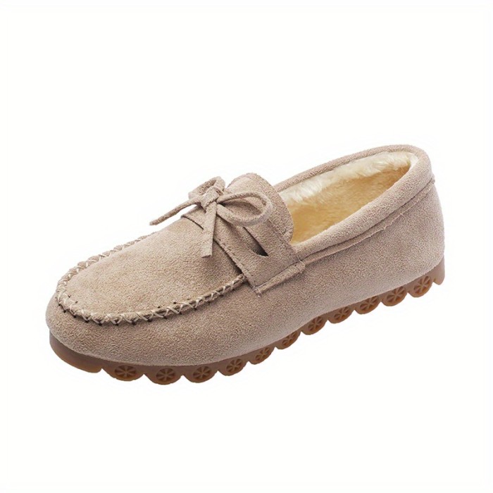 Women's Fashion Bowknot Decor Loafers, Casual Solid Color Plush Lined Slip On Flat Shoes, Warm & Comfortable Shoes