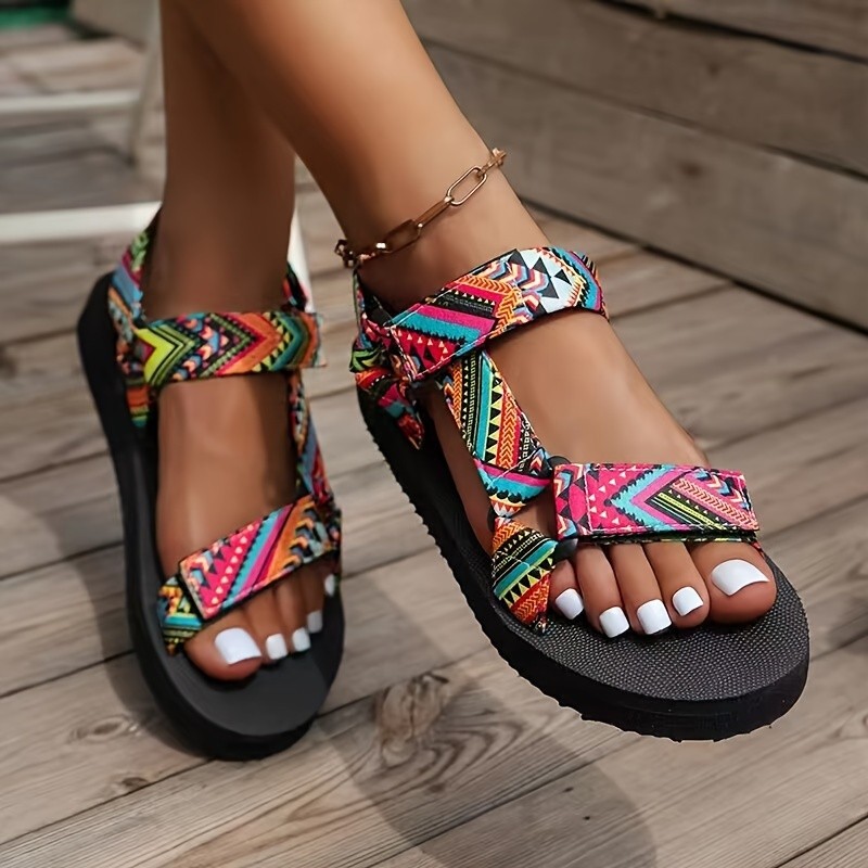 Women's Geometric Pattern Flat Sandals, Casual Open Toe Summer Shoes, Comfortable Ankle Strap Sandals