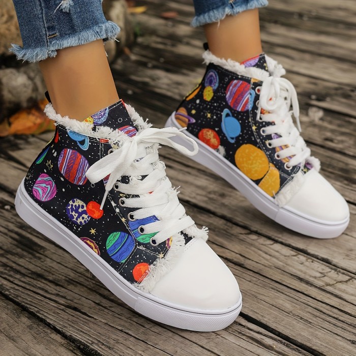Women's Planet Print Canvas Shoes, Casual Lace Up Outdoor Shoes, Comfortable Mid Top Shoes