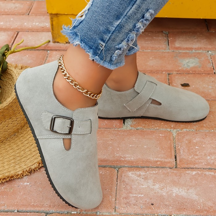 Women's Solid Color Flat Mules, Round Toe Low-top Wear-resistant Non-slip Ankle Buckle Shoes, Casual Outdoor Shoes