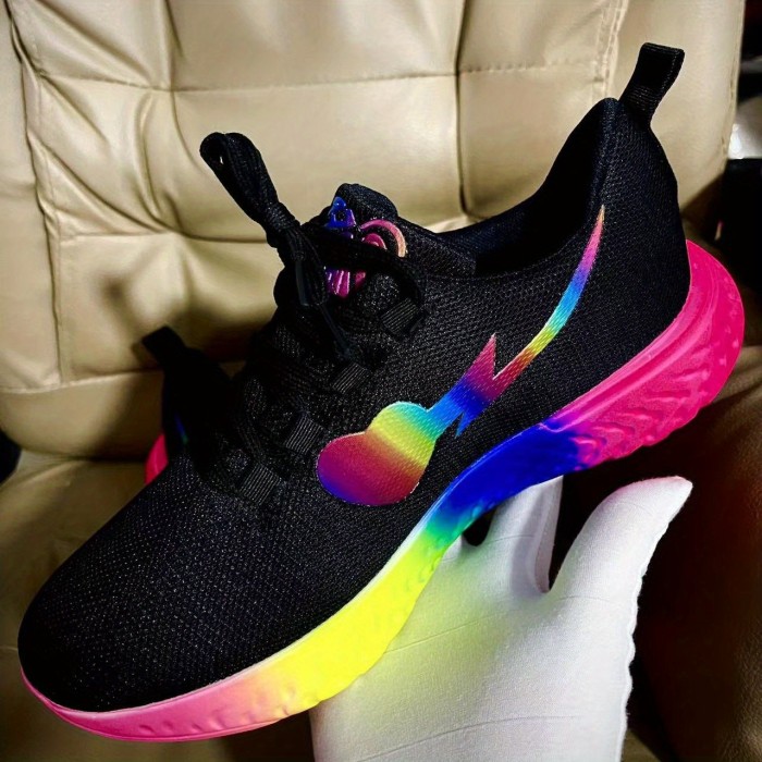 Women's Rainbow Sole Flying Woven Sneakers, Breathable Mesh Lace-Up Running Shoes, Women's Footwear