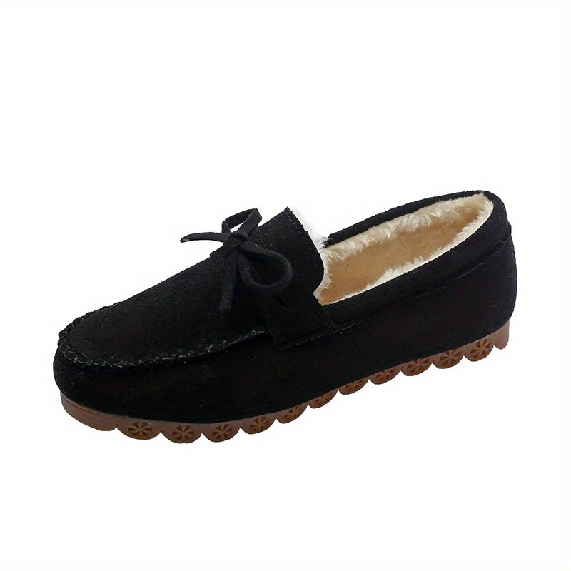 Women's Fashion Bowknot Decor Loafers, Casual Solid Color Plush Lined Slip On Flat Shoes, Warm & Comfortable Shoes